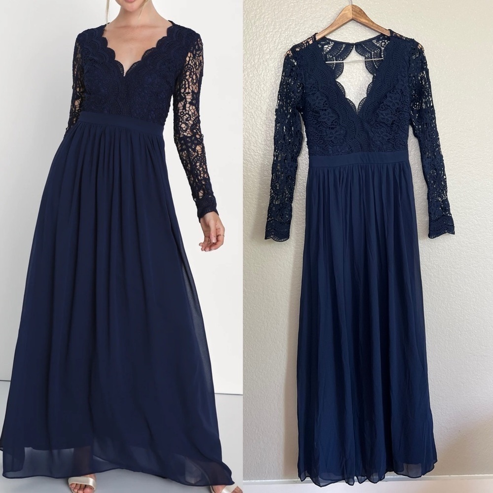 NWOT Awaken My Love Navy Blue Long Sleeve Lace Maxi Dress